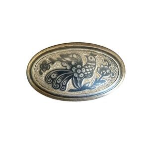 Vtg Russian Soviet Era Northern Black Niello Silver‎ 925 Oval Brooch Floral Bird